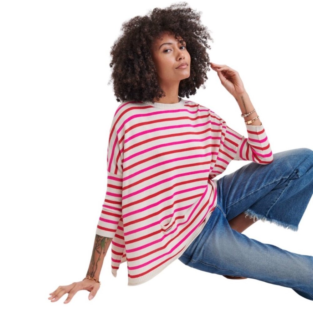 MERSEA Catalina Poppy Pink Striped Crewneck Relaxed Fit Dolman Sweater One Size